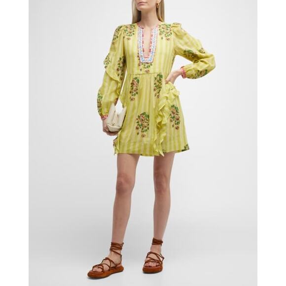 Alix of Bohemia Winslow Floral Striped Ruffle Mini Dress Yellow Cotton Size Med - Picture 1 of 14